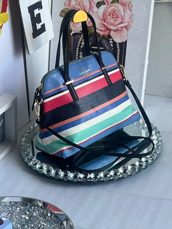 kate spade Blue, Red, Black and Aqua Striped Dome Satchel unbranded strap - Picture 4 of 11